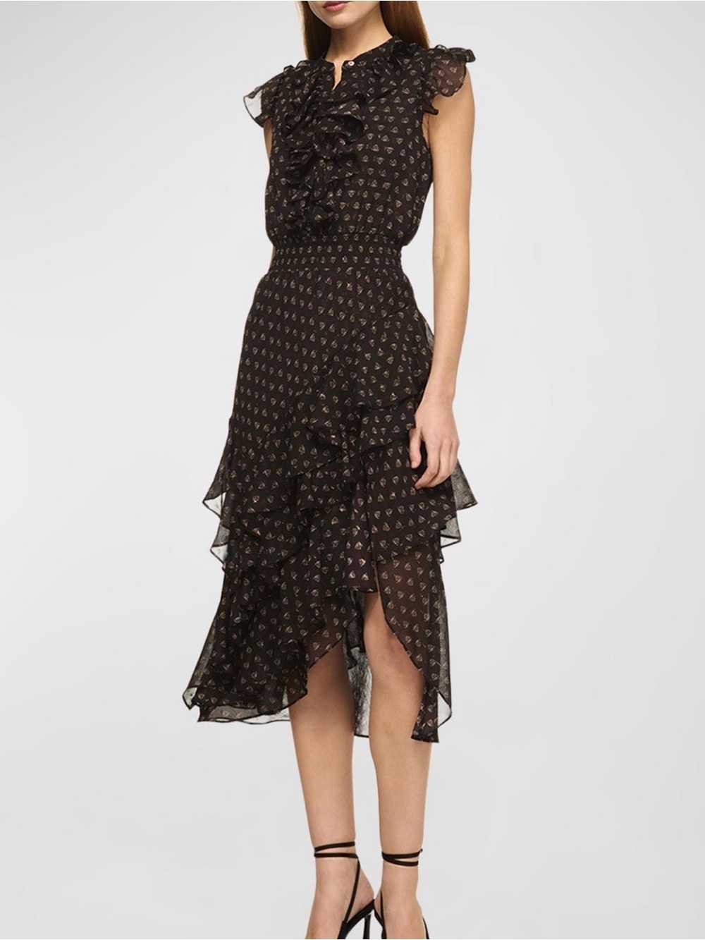 Misa LosAngeles Ilysa Ruffle Midi Dress with Subtle Metallic Print